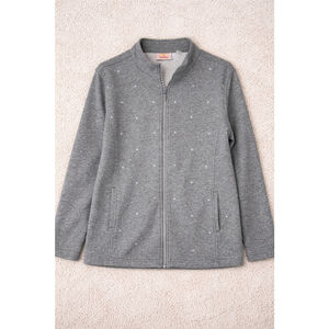 Quacker Factory Gray Rhinestone Zip Jacket Women’s Large Sparkle Sweatshirt
